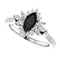 1.50 CT Dahlia Marquise Black Engagement Ring 14k White Gold, Flower Black Onyx Ring, Floral Black Diamond Marquise Ring, Halo Black Marquise Ring, Awesome Ring For Her