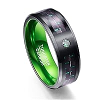 Men's 8mm Tungsten Carbide Ring Green Carbon Fiber Comfort Fit Wedding Band Tungsten Steel Ring Size 7 to 12