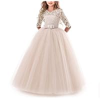 Girl's 3/4 Sleeve Long Pageant Ball Gowns A Line Lace Formal Dance Evening Gown Apricot