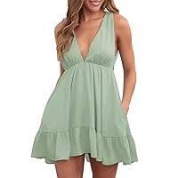 Women's Summer Sundress Pleated Deep V-Neck Backless Back Tie Casual Loose Tank A-line Mini Dress with Pockets