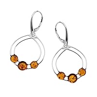 Cognac Color Baltic Amber 3 stone Dangles Earrings in Sterling Silver