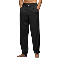 Mens Summer Cotton Linen Chino Pants Straight Open Bottom Elastic Waist Office Slacks Lightweight Beach Vocation Casual Pant