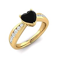 1.03 Ct Round & Heart Cut Black & Sim Diamond Engagement Ring 14K Yellow Gold Plated
