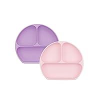 Bumkins Toddler and Baby Suction Plate, Silicone Divided Grip Dish for Babies and Kids, Baby Led Weaning, Children Feeding Supplies, Non Skid Bottom, Platinum Silicone, 6 Months Up, Lavender and Pink