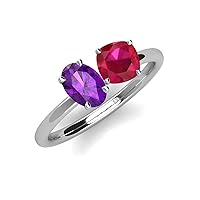 Oval Amethyst & Cushion Ruby 2 3/8 ctw Four Prong Women 2 Stone Duo Engagement Ring 14K Gold