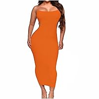 Dresses for Women 2023 Wedding Guest Square Neck Spaghetti Strap Sleeveless Slim Fit Sexy Knit Ribbed Bodycon Dress