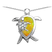 Sterling Silver Turtle Family Pendant Necklace Pear Shape Stone