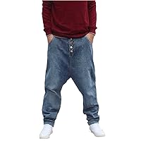 Baggy Harem Jeans Men,Casual Streetwear Hip Hop Denim Pants Low Crotch Front Button Blue Joggers