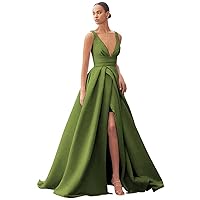 V-Neck Prom Dress Satin Empire Formal Dresses for Women A Line Evening Party Gowns with Slit