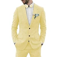 Mens Linen Suit 2 Piece Slim Fit Wedding Suit for Men Groosmen Prom Linen Jacket Pant Set