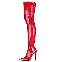 Women's Patent Leather PU Thigh High Boots Pointy Toe Side Zippe tight Long Boot Fashion Comfy Stiletto High Heel Over The Knee Boots,Red,4.5