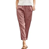 Capri Pants for Women Stretch Beach Solid Color Wide Leg Trousers Elastic Waist Breathable Casual Loose Pants with Pockets