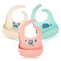Silicone Bibs, 3 Pack Silicone Baby Bib for Babies & toddlers, Soft Adjustable Fit Waterproof Bibs