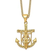 31mm Chisel Stainless Steel Polished and Textured Yellow Ip Plated Mariners Religious Faith Cross Pendant a Curb Chain Necklace 24 Inch Jewelry for Women