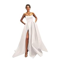 MllesReve Womens Long Strapless Satin Prom Dress Sleeveless Slit Evening Ball Gown with Pockets