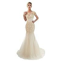 Champagne/Gray Luxury Beaded Pearls Mermaid Evening Shower Party Dress Prom Celebrity Pageant Gown for Wedding