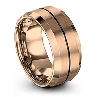 Tungsten Wedding Band Ring 8mm for Men Women Bevel Edge 18K Rose Gold Black Center Line Brushed Polished
