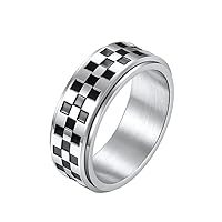 Unisex Stainless Steel Checkerboard Black and White Grid Rotatable Fidget Ring Anxiety Band