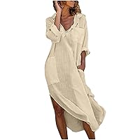 Women Cotton Linen Button Lapel Midi Dresses with Frayed Pockets Summer Long Sleeve V Neck Curved Hem Split Dresses