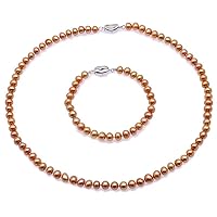 JYX Pearl Set Necklace 7-8mm Dark-golden Freshwater Pearl Necklace Bracelet Jewelry Set