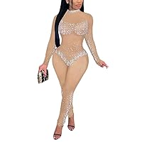 Women One Piece Outfits Sexy Mesh See Through Rhinestone One Shoulder Bodycon Trousers Romper Back Zip Jumpsuit