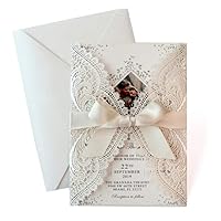 25-Pack Customized Elegant Wedding Invitations Cards, Save the Date, Ivory Laser Cut Invitations with Ribbon Bow and Envelopes (25 Customized Invitations)