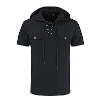 Men's Workout Hooded Tank Tops Casual Lace Up Gym Shirt Hoodie Solid Color Short Sleeve Pullover Beach Shirts
