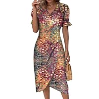Women's Summer Maxi Dress Casual Floral Print V-Neck Waist Short Sleeve Bohemian Irregular Hem High Flowy Midi