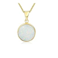 14K Gold White Plated 10 mm Round Opal Pendant 18 inch