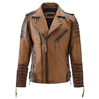 Menswear Brown Motorcycle Vintage Distressed Full-Zip Closure Leather Jacket