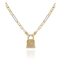 GUESS womens Gold-Tone Chain Necklace Logo Padlock Pendant