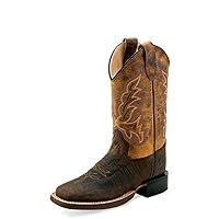 Old West Boots Unisex-Child Broad Square Toe Burnt Dark Brown Leather Cowboy Boots