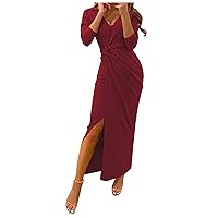 Women's Fall Winter Casual Long Sleeve Belted Dress Elastic Waist Slit Long Maxi Dress Sexy V Neck Cocktail Party Gown Solid Color Front Split Bodycon Jersey Dress(Wine M)