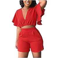 Womens Ruffle Outfits Ruffle Sleeve Crop Tops + High Waist Shorts Two Piece Outfit Summer Lounge Sets Slim Fit Suit