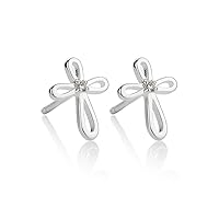 Hypoallergenic Sterling Silver Cherish Diamond Cross Stud Earrings for Girls and Teens. Ideal for Baptism, Quinceañera, Flower Girls and First Communion Gifts