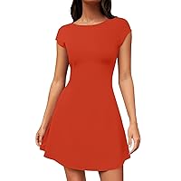 My Orders Summer Mini Dresses for Women 2024 Crewneck Cap Sleeve Going Out a Line Dress Flare Short Sleeve Stretchy Mini Basic Dresses Lightning Deals of Today Prime(2-Sky Blue,Small)