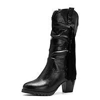 Soft PU Leather Round Toe Pull-on boots for Women Mid Calf Boot Chunky Block Heel Winter Boots