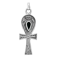 Sterling Silver Jet Stone Ankh Pendant for Women and Men Hieroglyph characters Teardrop Inlaid Oxidized finish 1 3/16 inch Tall