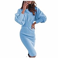 Fall Dresses for Women Midi Knit Dresses Lantern Sleeve Round Neck High Waist Solid Color Long Sleeve Bodycon Dress