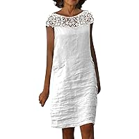 Vintage Dress for Women, Empire Waist Dress for Women Floral Dress V-Neck Dress Women's Summer Short Sleeve Trendy Solid Color 2024 Lace Splicing Womens Cotton Linen Loose Trendy (White,Small)