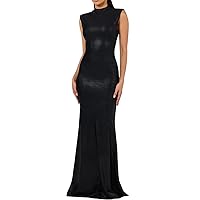 Women Sexy Sleeveless Mock Neck Floor Length Maxi Leather Dresses Faux Leather Cocktail Gown Dress