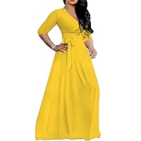 LightlyKiss Plus-Size Maxi Dresses for Women African Summer 3/4 Sleeves Beach Sundress with Pockets