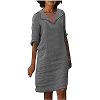 Womens Summer Cotton Linen Dress Solid Color Casual V Neck Half Sleeve Knee Length Tunic Dress Ladies Going Out T Shirt Dress