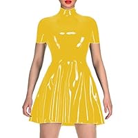Woman Sexy PU Leather Mini Dress 2022 High Neck Short Sleeve A Line Dress New Night Club Elegant Female Slim Dress 7XL