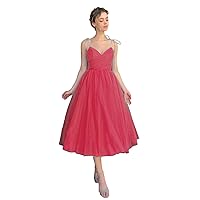 Women's Spaghetti Straps Prom Dresses Sweetheart Tulle Tea Length Evening Formal Party Gown
