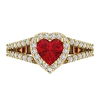 1.72ct Heart Cut Solitaire with Accent Halo split shank Simulated Red Ruby designer Modern Statement Ring 14k Yellow Gold