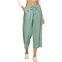 Wide Leg Cropped Pants for Women Summer Capri Palazzo Pants Casual Loose Drawstring High Waist Trousers with Pockets