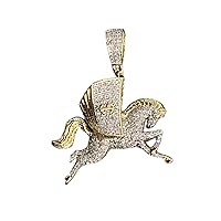 10K Yellow Gold Diamond Money Horse Pendant For Men and Women | 1.5 inchs Round Cut Real Gold Genuine White Diamond Necklace Chain Mens Charm Pendant 0.46 CT | Custom Jewellery Gift for Him