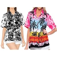 LA LEELA Women's Plus Size Summer Casual Hawaiian Shirt Button Down Work from Home Clothes Women Beach Shirt Blouse Shirt Combo Pack of 2 Size Large
