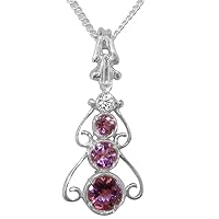 LBG 925 Sterling Silver Natural Pink Tourmaline & Cubic Zirconia Womens Bohemian Pendant & Chain - Choice of Chain lengths